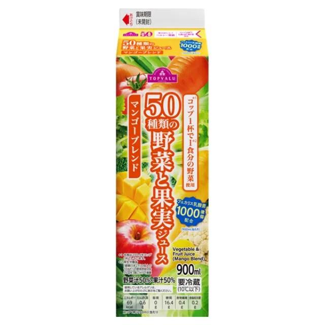 トップバリュ50種類の野菜と果実 マンゴーブレンド 900ml